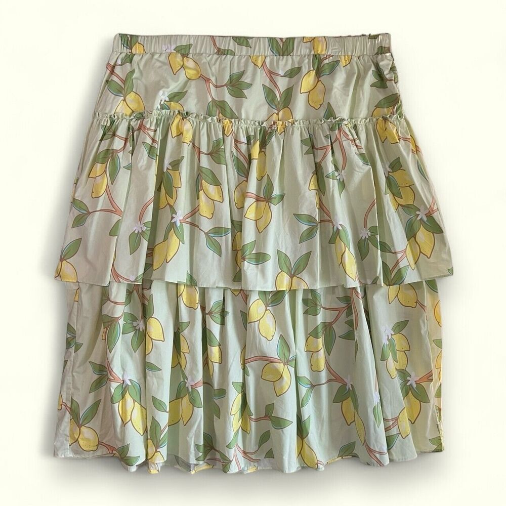 Ryegrass Women's Lemon Print Tiered Midi Skirt Size 3X Green Yellow Cottagecore